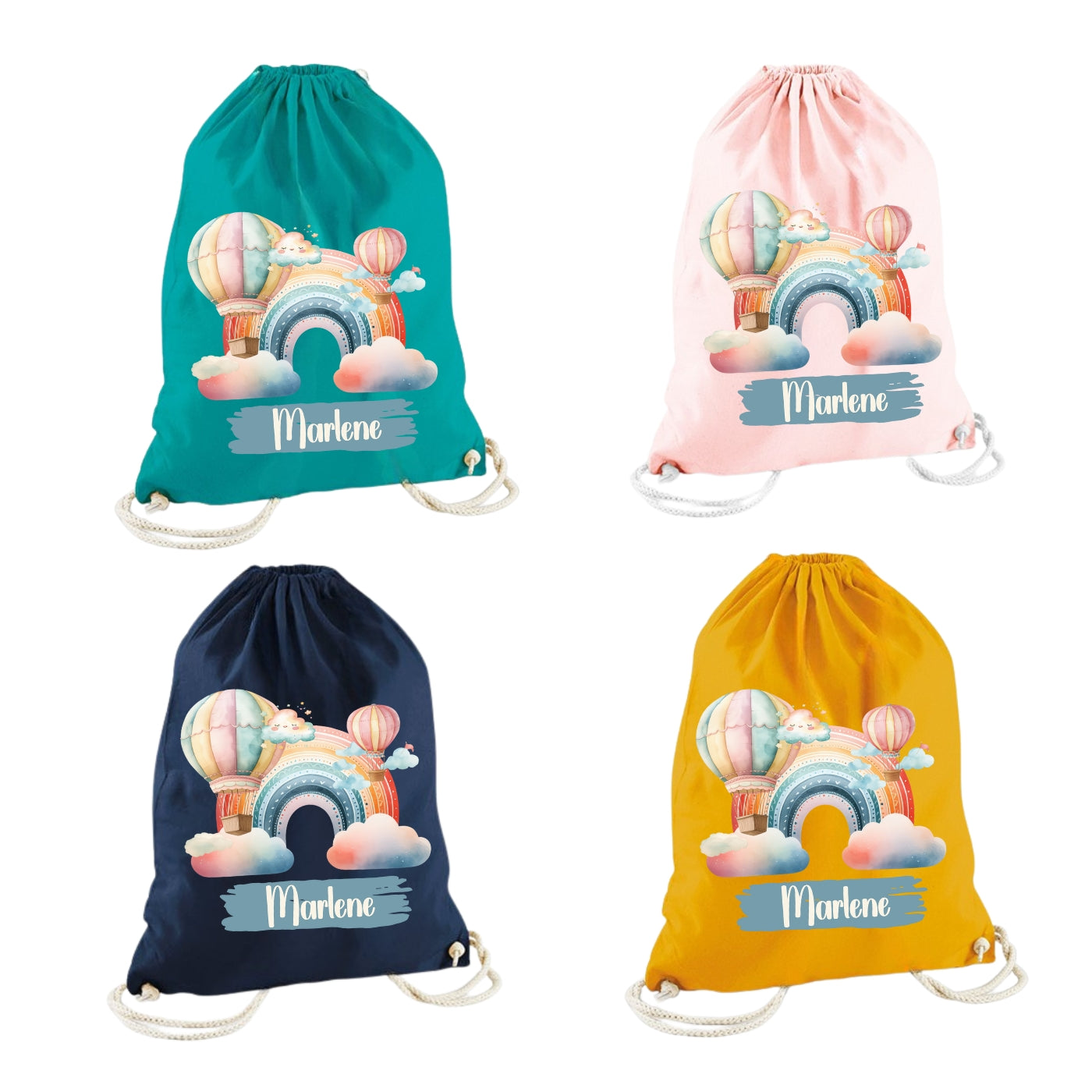 Turnbeutel Regenbogen personalisiert – Bio Baumwolle Kinder