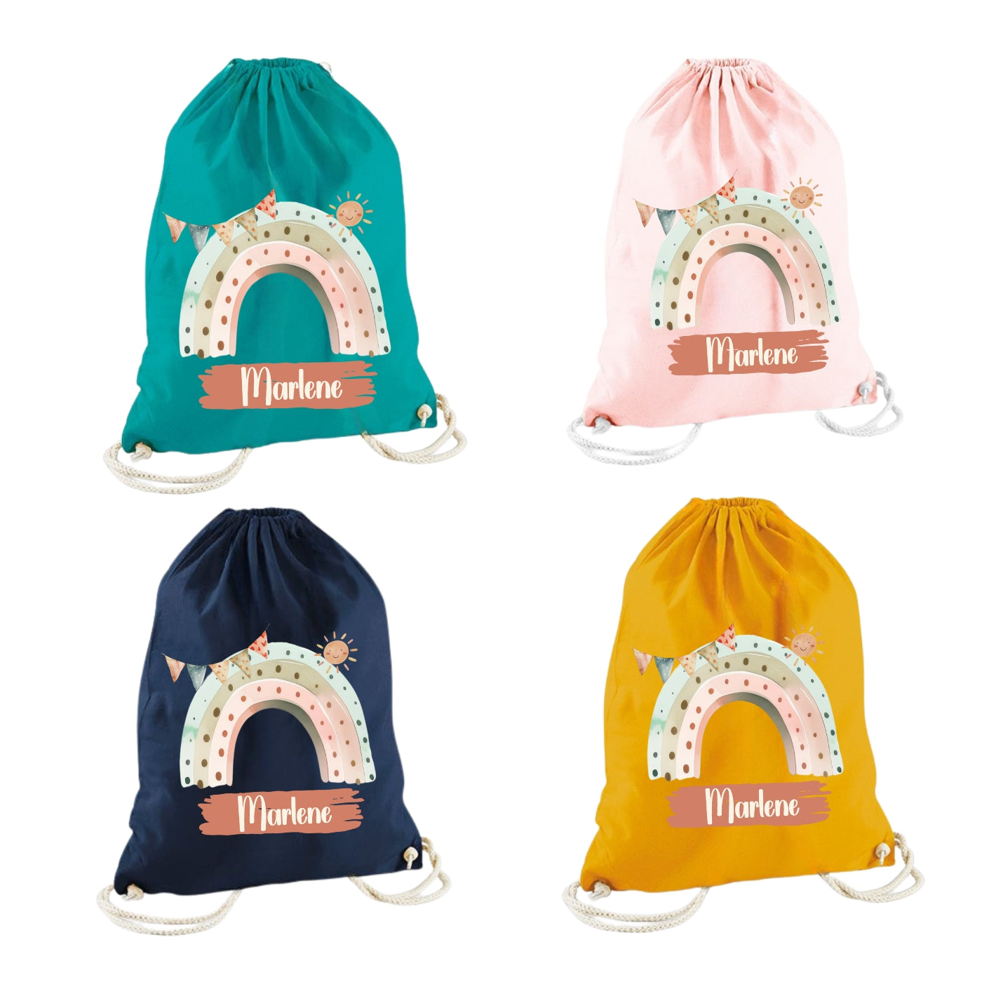Turnbeutel Regenbogen personalisiert – Bio Baumwolle Kinder
