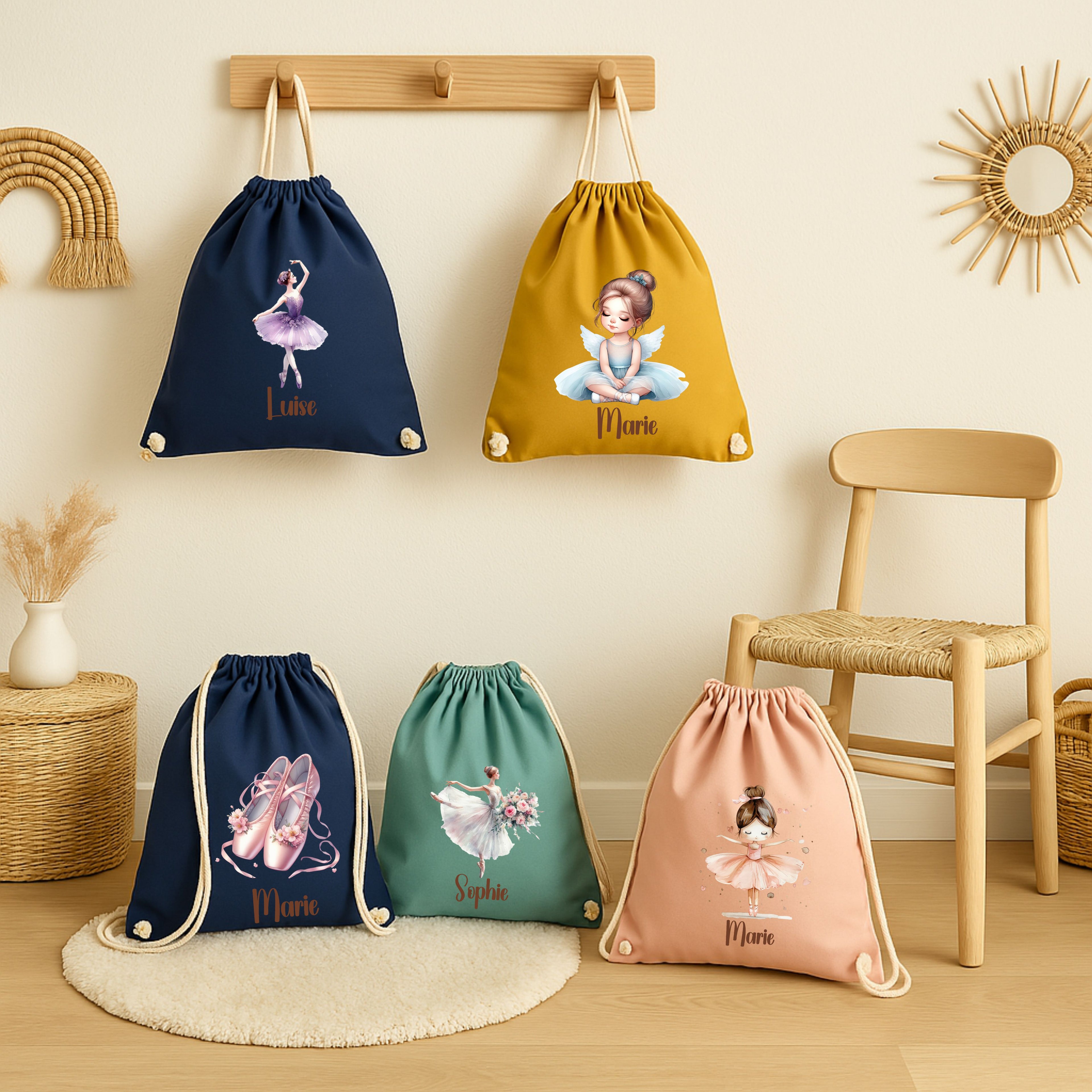 Turnbeutel für Mädchen mit Ballerina-Motiv – aus Baumwolle, personalisiert mit Namen, ideal für Kita, Schule oder Ballett, von wolga-kreativ