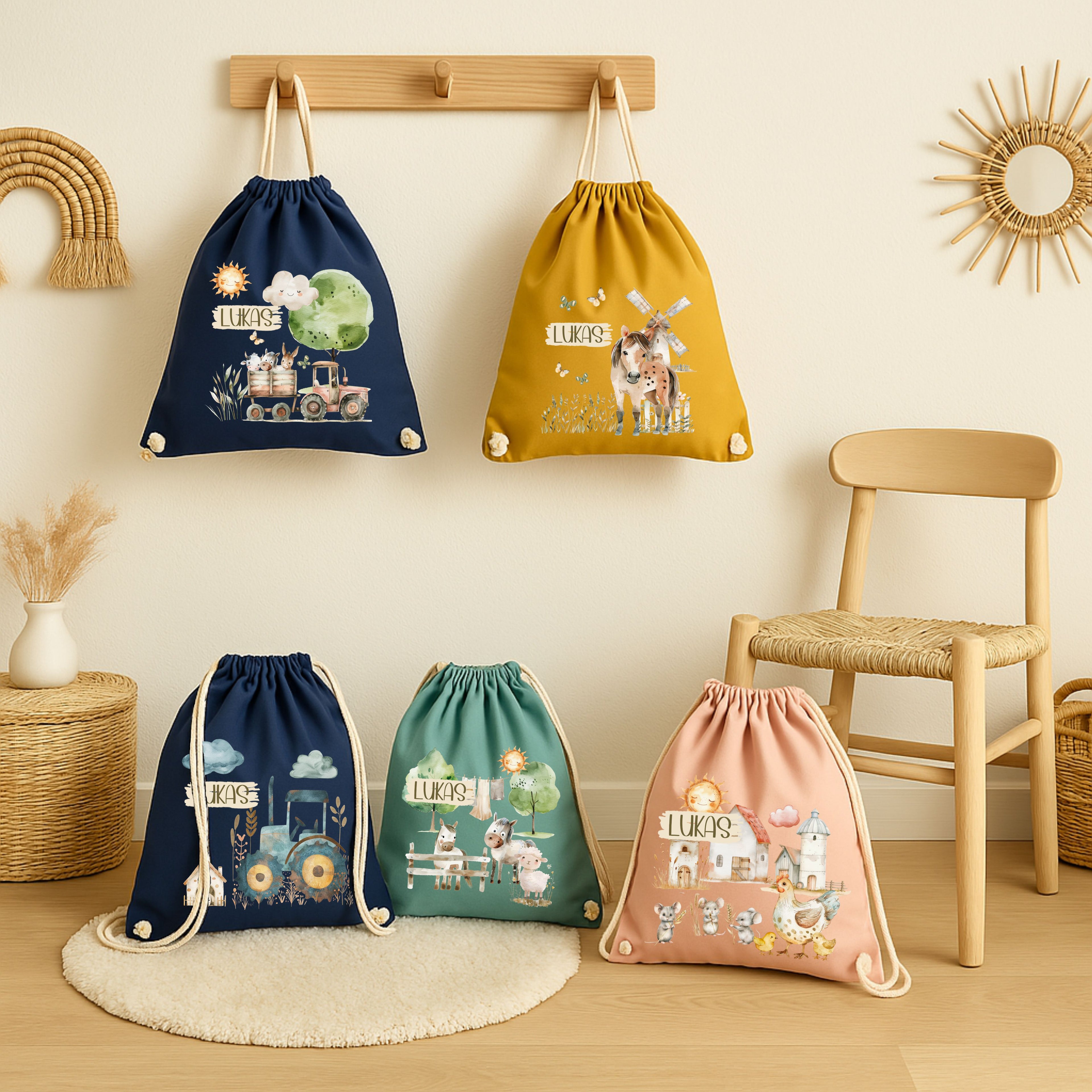 Turnbeutel Bauernhof Kinder personalisiert – für Schule und KiTa