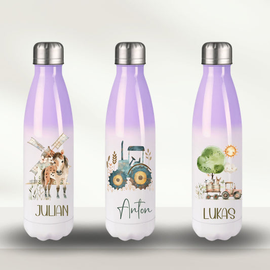 Kinder Isolieflasche Wasserflasche lila mit Bauernhof Motiven für Kinder personalisiert - Traktor, Pferd, Dorf, Kuh