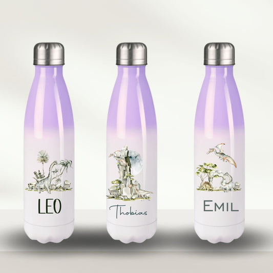 Thermo Wasserflasche lila mit Dinosaurier Motiven für Kinder und Namen personalisiert - T-Rex Langhalsdinosaurier Dino