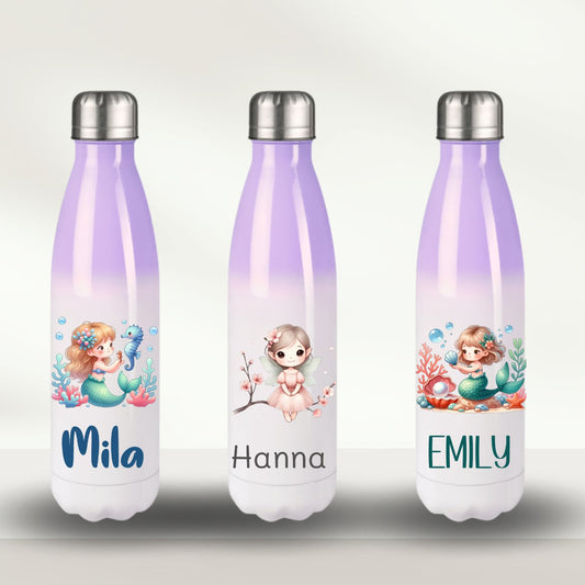 Isolierte Trinkflasche lila für Kita und Schule mit mädchenhaften Motiven und Namen - Fee Prinzessin Meerjungfrau