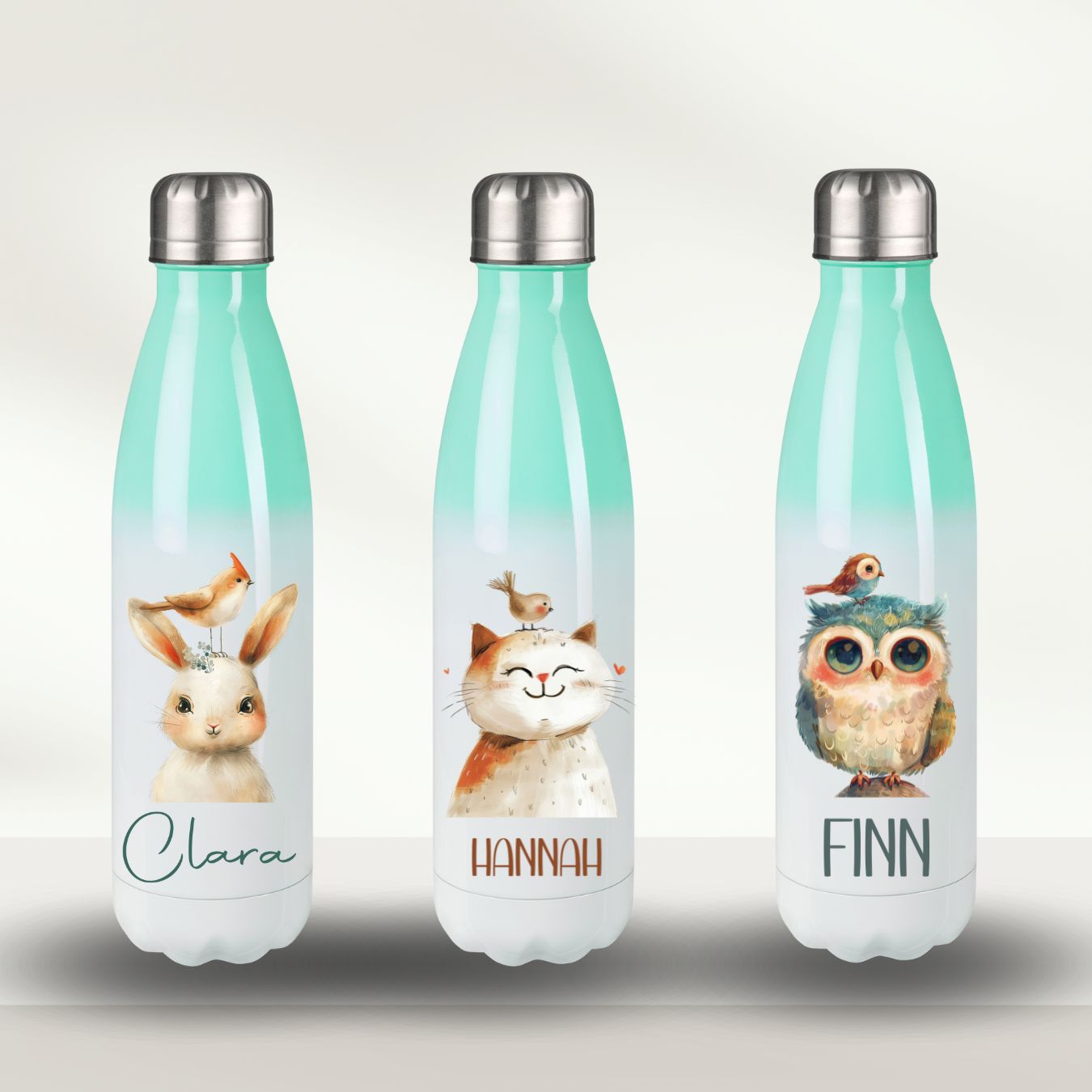 Thermo Wasserflasche türkis mit lustigen Tier Motiven für Kinder mit Namen - Löwe Kuh Bär