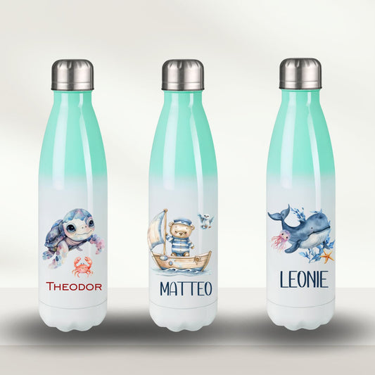 Thermo Wasserflasche türkis mit maritimen Motiven für Kinder mit Namen - Wal Oktopus Schildkröte