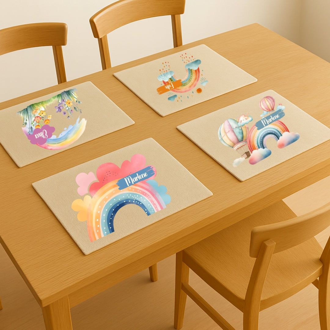 Buntes Tischset Regenbogen für Kinder, personalisierbar mit Namen, abwaschbar und rutschfest