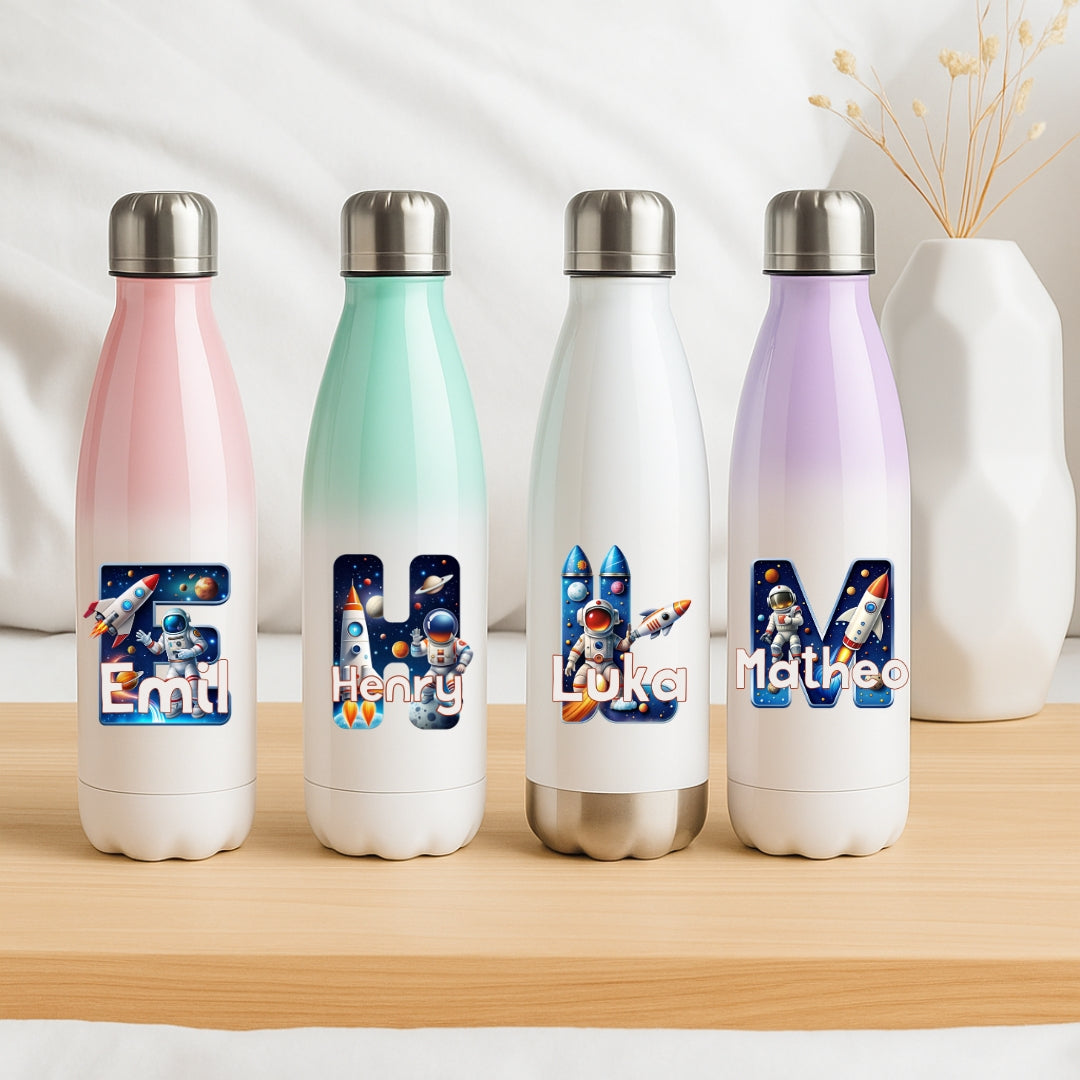 Personalisierte Thermoflasche Kinder mit Namen Astronaut Motiv für Schule und Kindergarten