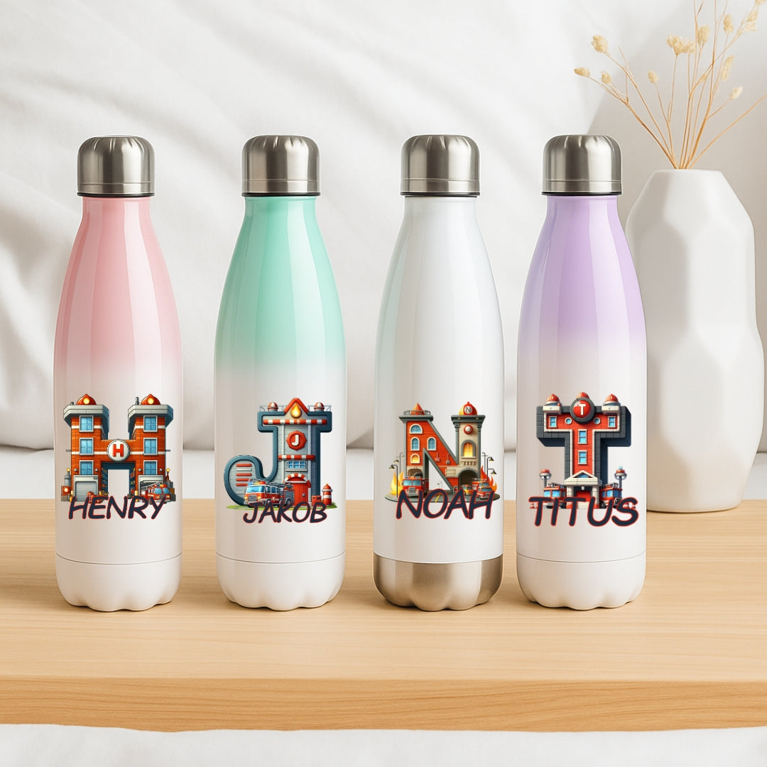 Personalisierte Thermoflasche Kinder mit Namen Feuerwehr Motiv für Schule und Kindergarten