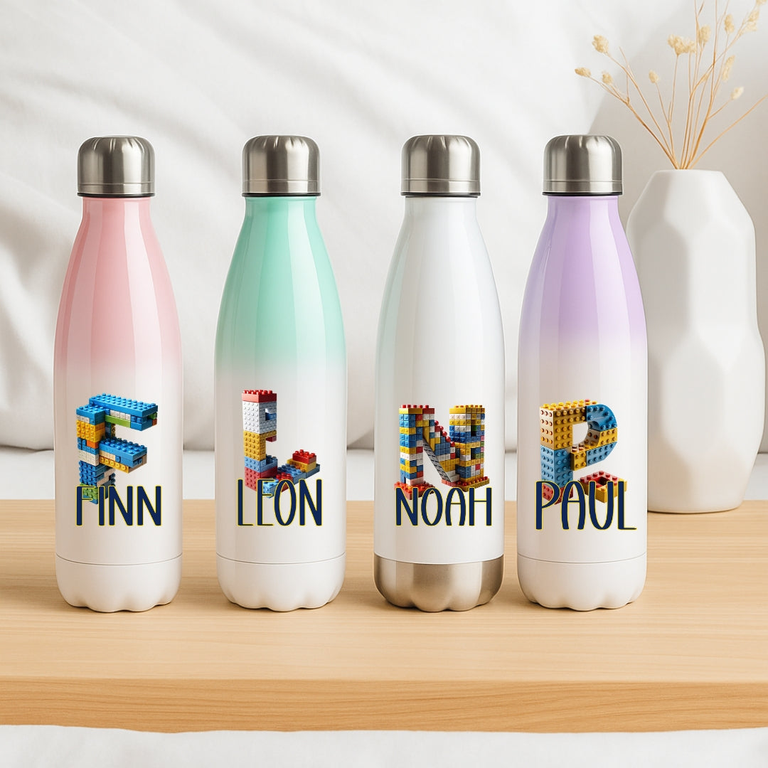 Personalisierte Thermoflasche Kinder mit Namen Baustein Motiv für Schule und Kindergarten