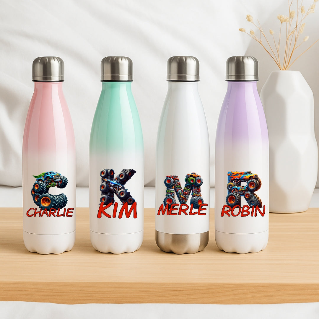 Personalisierte Thermoflasche Kinder mit Namen Monstertruck Motiv für Schule und Kindergarten