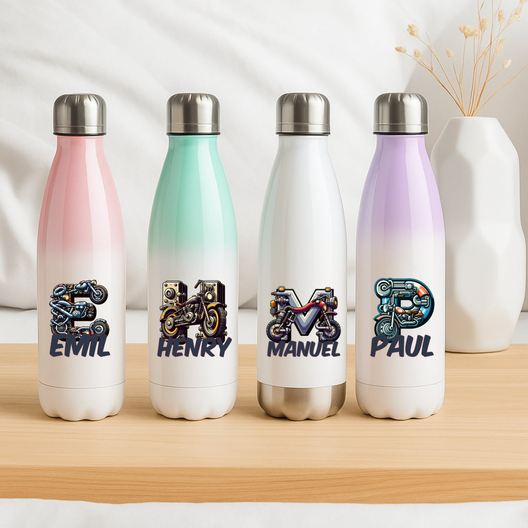 Personalisierte Thermoflasche Kinder mit Namen Motorrad Motiv für Schule und Kindergarten
