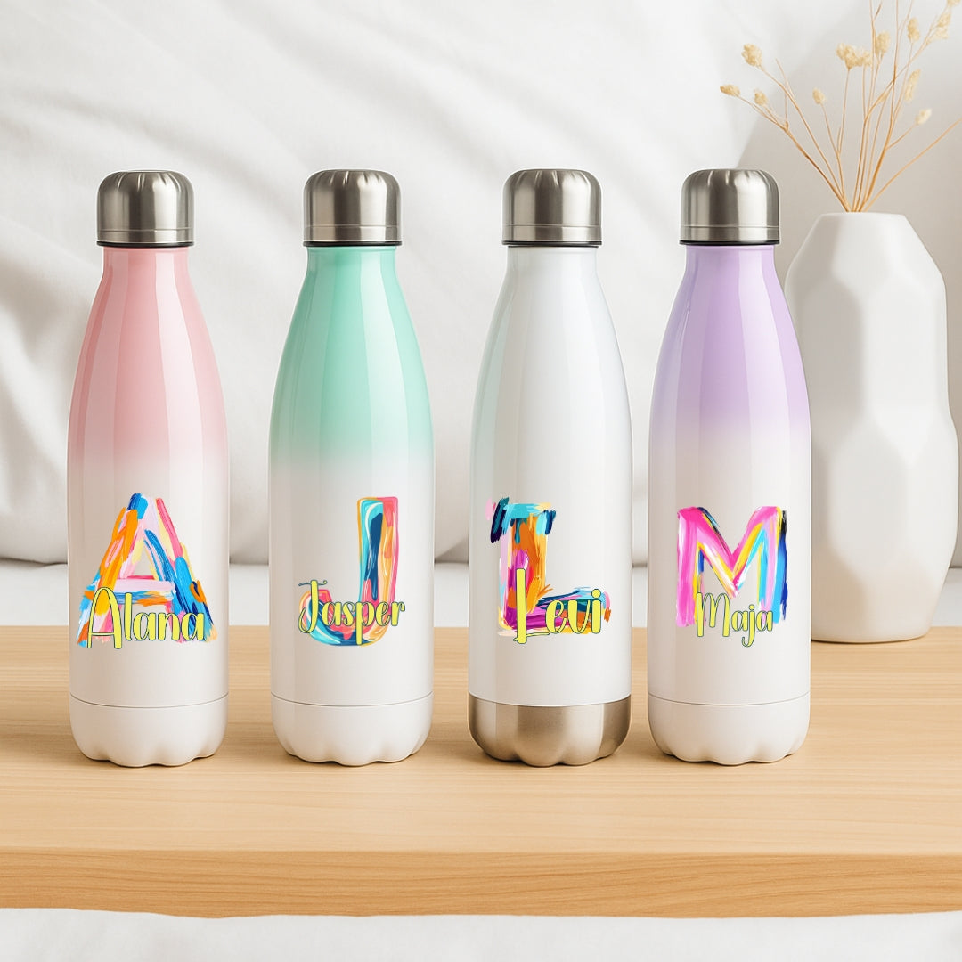 Personalisierte Thermoflasche Kinder mit Namen Öl Malerei Motiv für Schule und Kindergarten