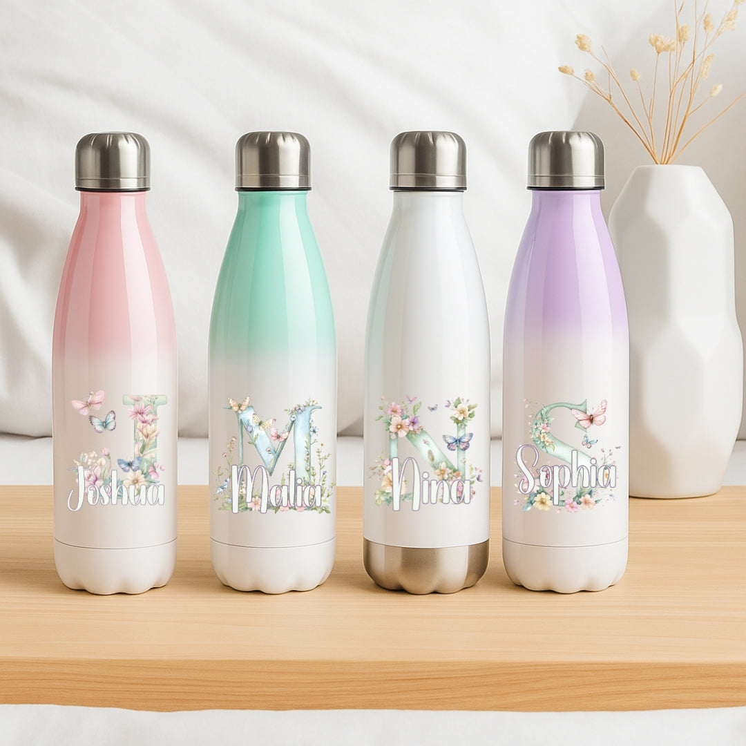 Personalisierte Thermoflasche Kinder mit Namen Blumig Motiv für Schule und Kindergarten