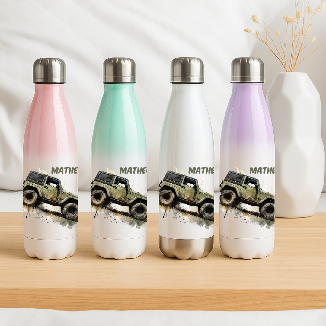 Edelstahl Trinkflasche für Kinder personalisiert mit Auto Motiven