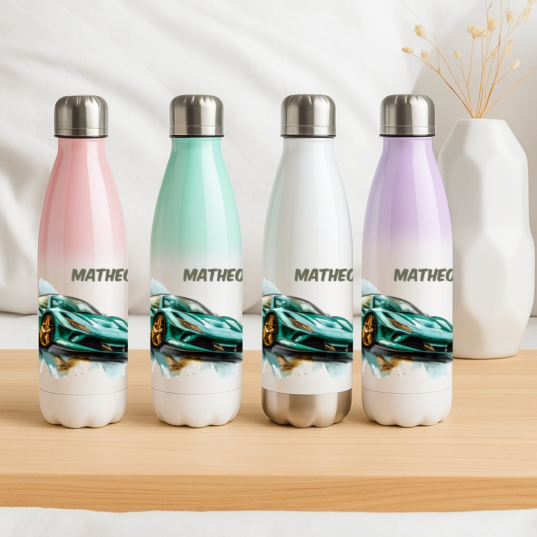 Edelstahl Trinkflasche für Kinder personalisiert mit Auto Motiven