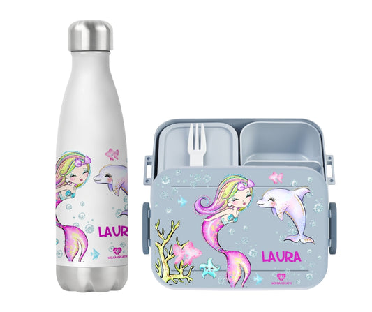 Set Bentobox und Thermoflasche Meerjungfrau Delfin mit Namen