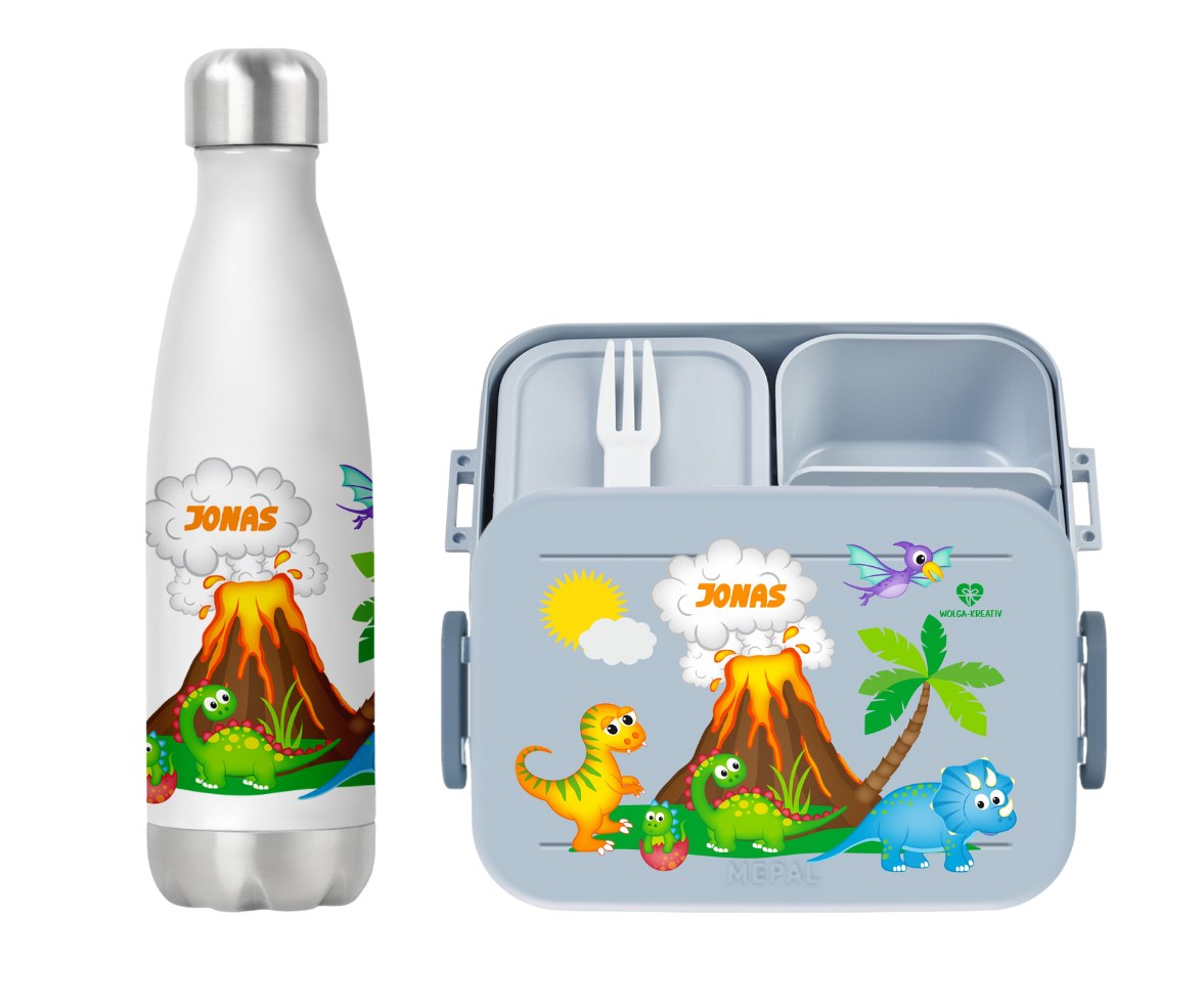 Set Bentobox und Thermoflasche Dinoinsel mit Namen