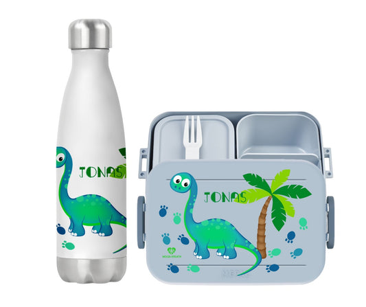 Set Bentobox und Thermoflasche Dino Palme mit Namen