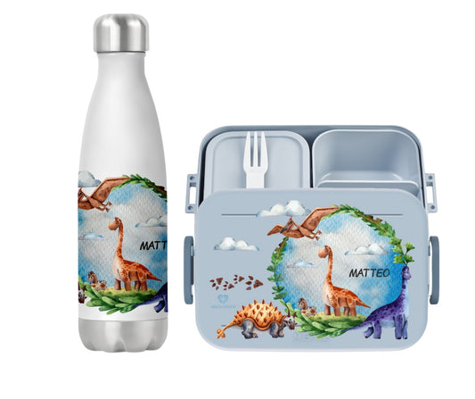 Set Bentobox und Thermoflasche Dinowelt mit Namen