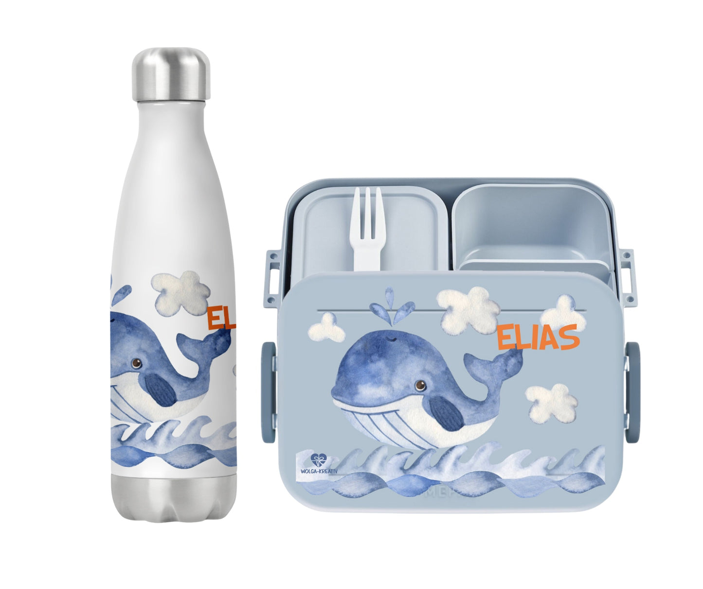 Set Bentobox und Thermoflasche Wal mit Namen