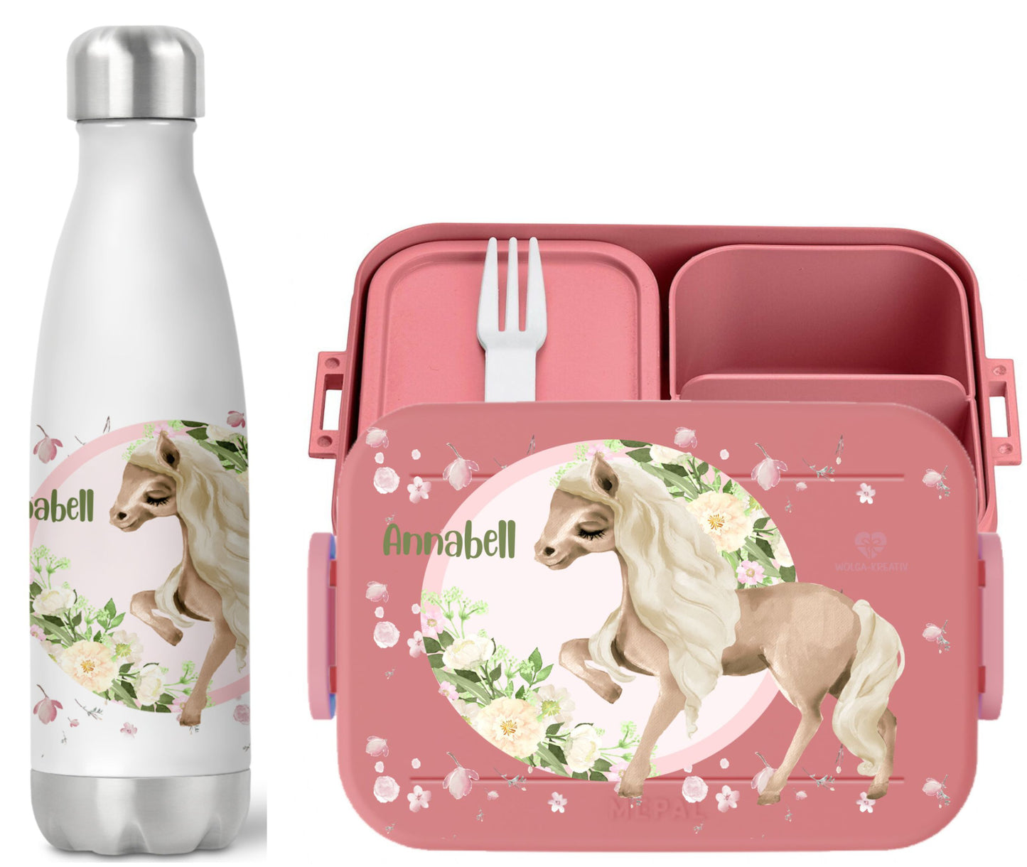 Set Bentobox und Thermoflasche Pony Blumen mit Namen