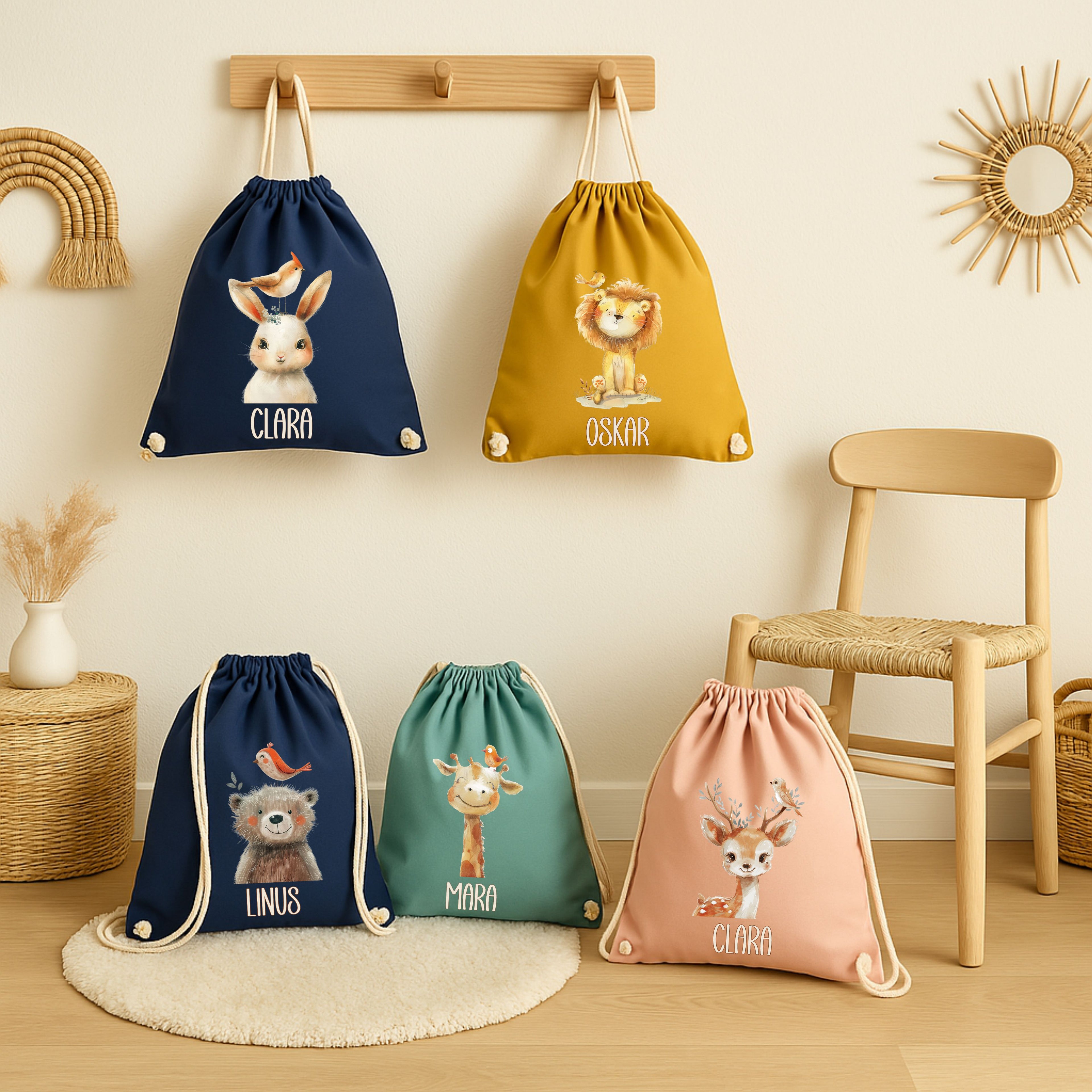 „Turnbeutel mit Tiermotiv – Katze, Fuchs, Löwe, Giraffe, Bär, Affe – aus Baumwolle mit Kordelzug, personalisiert mit Namen für Jungen und Mädchen“