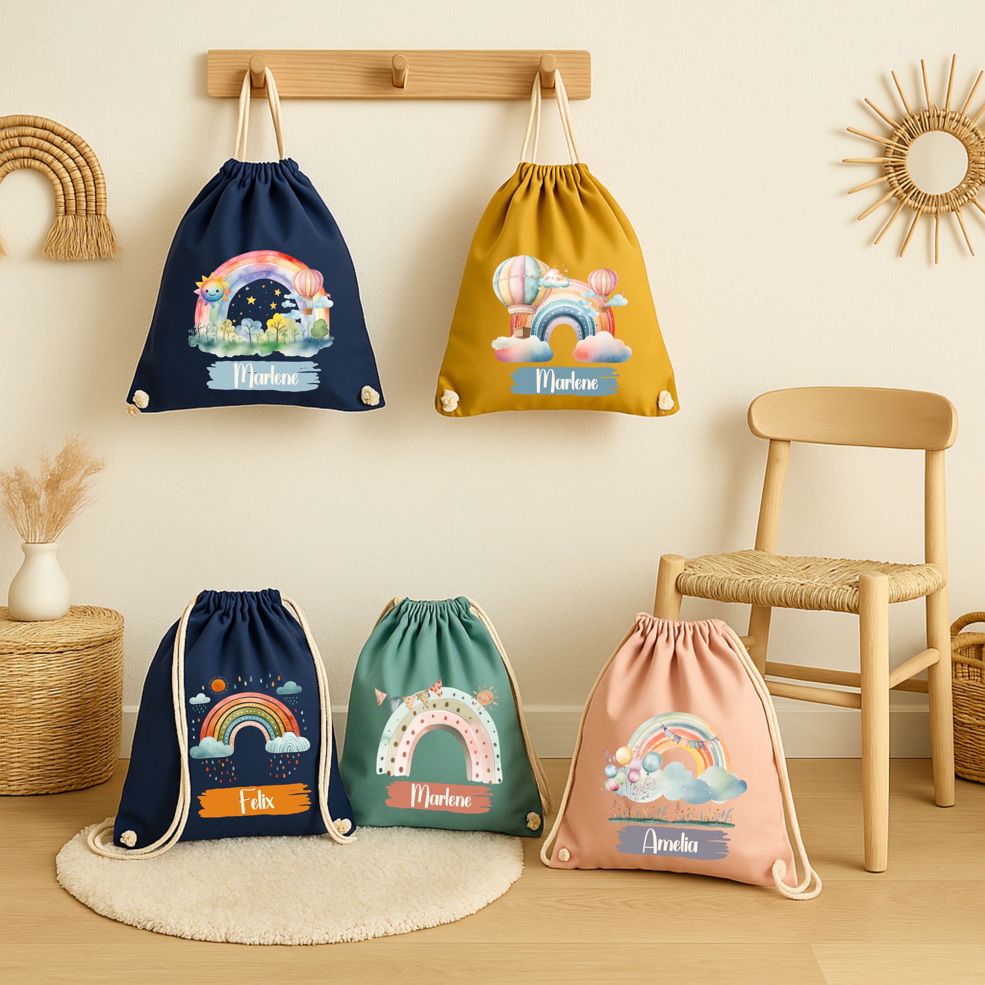 „Turnbeutel mit Regenbogen für Kinder – personalisiert mit Namen, aus Baumwolle, für Kindergarten, Schule, Sport oder Schwimmsachen“