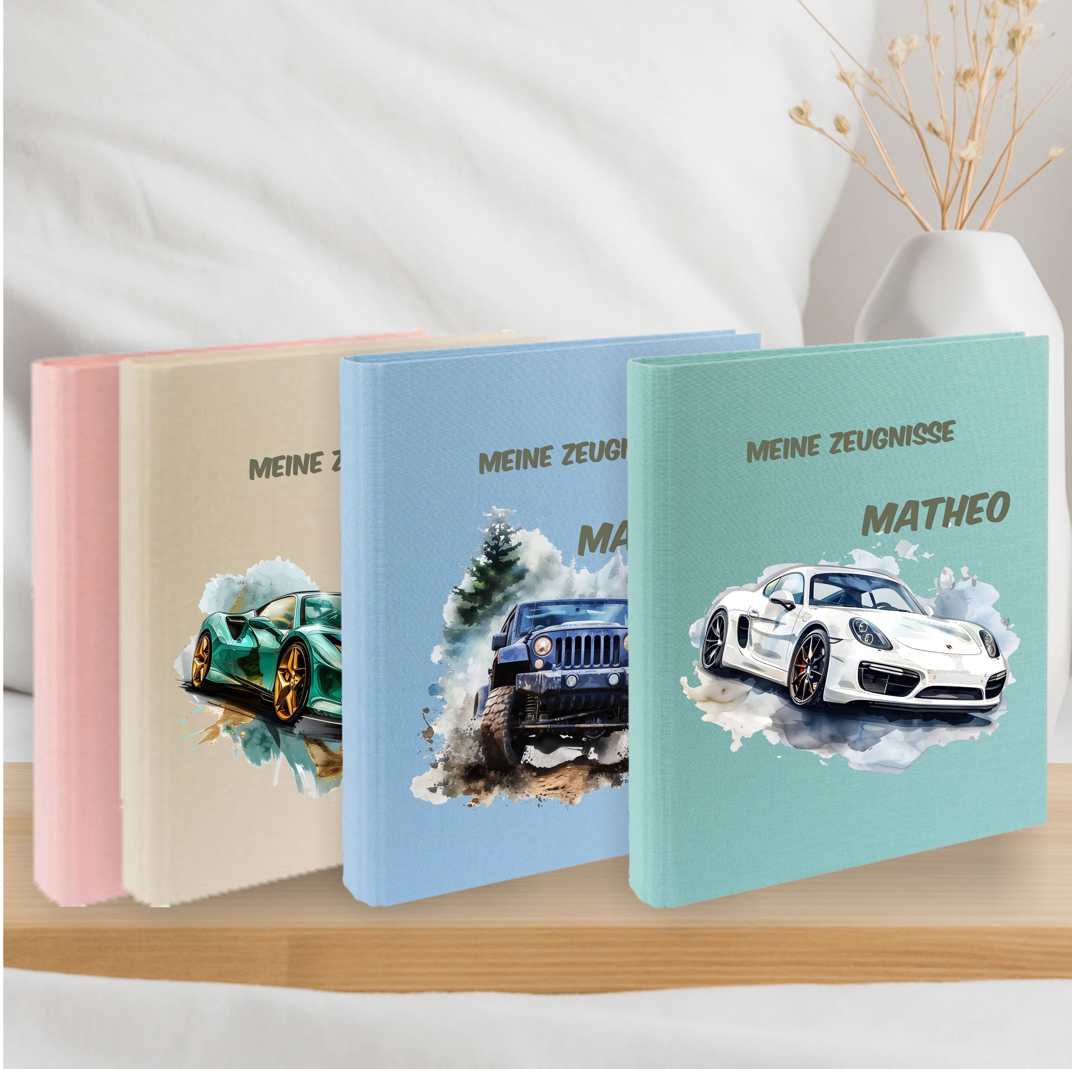Zeugnismappe Auto Rennwagen personalisiert mit Namen – Einschulungsgeschenk Junge A4 Leinen