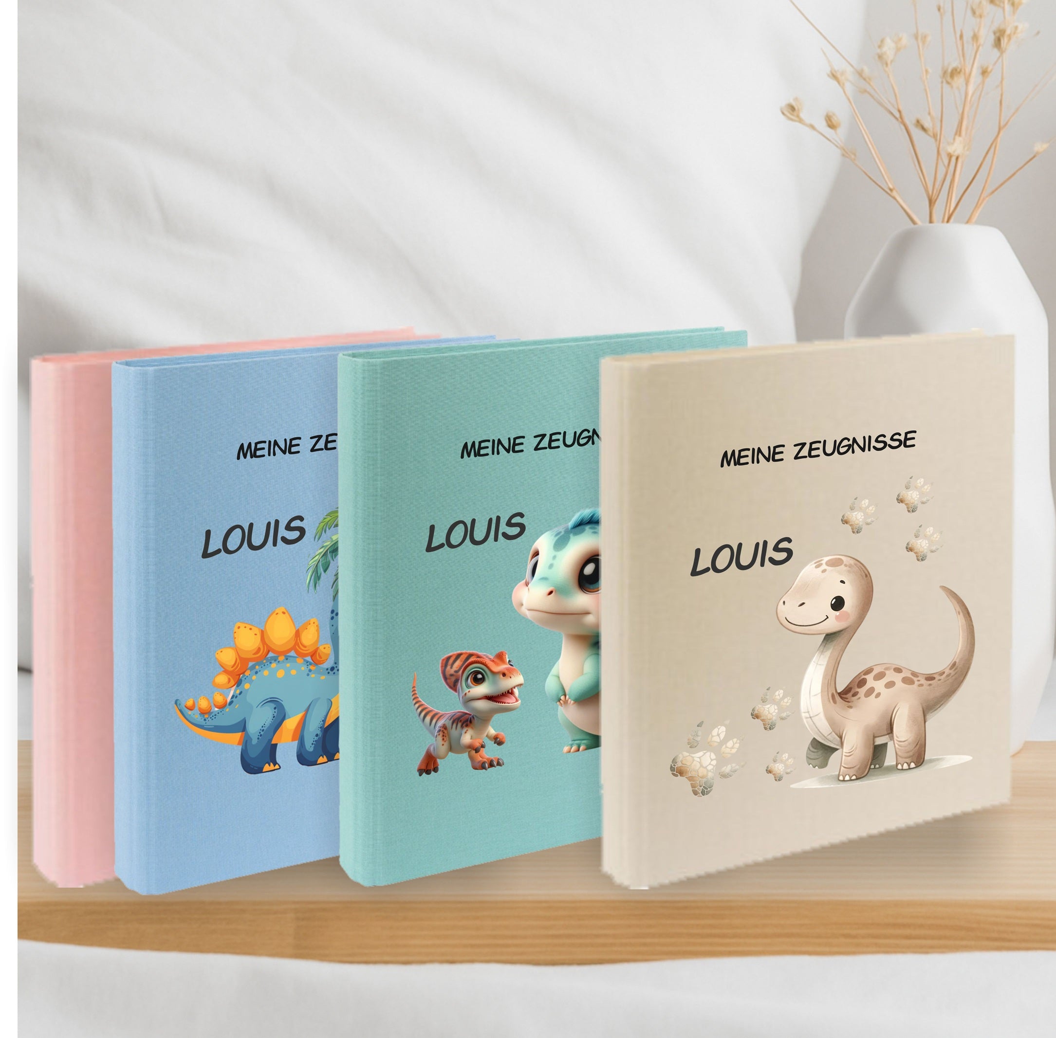 Zeugnismappe Dino personalisiert mit Namen – Einschulungsgeschenk Junge A4 Leinen