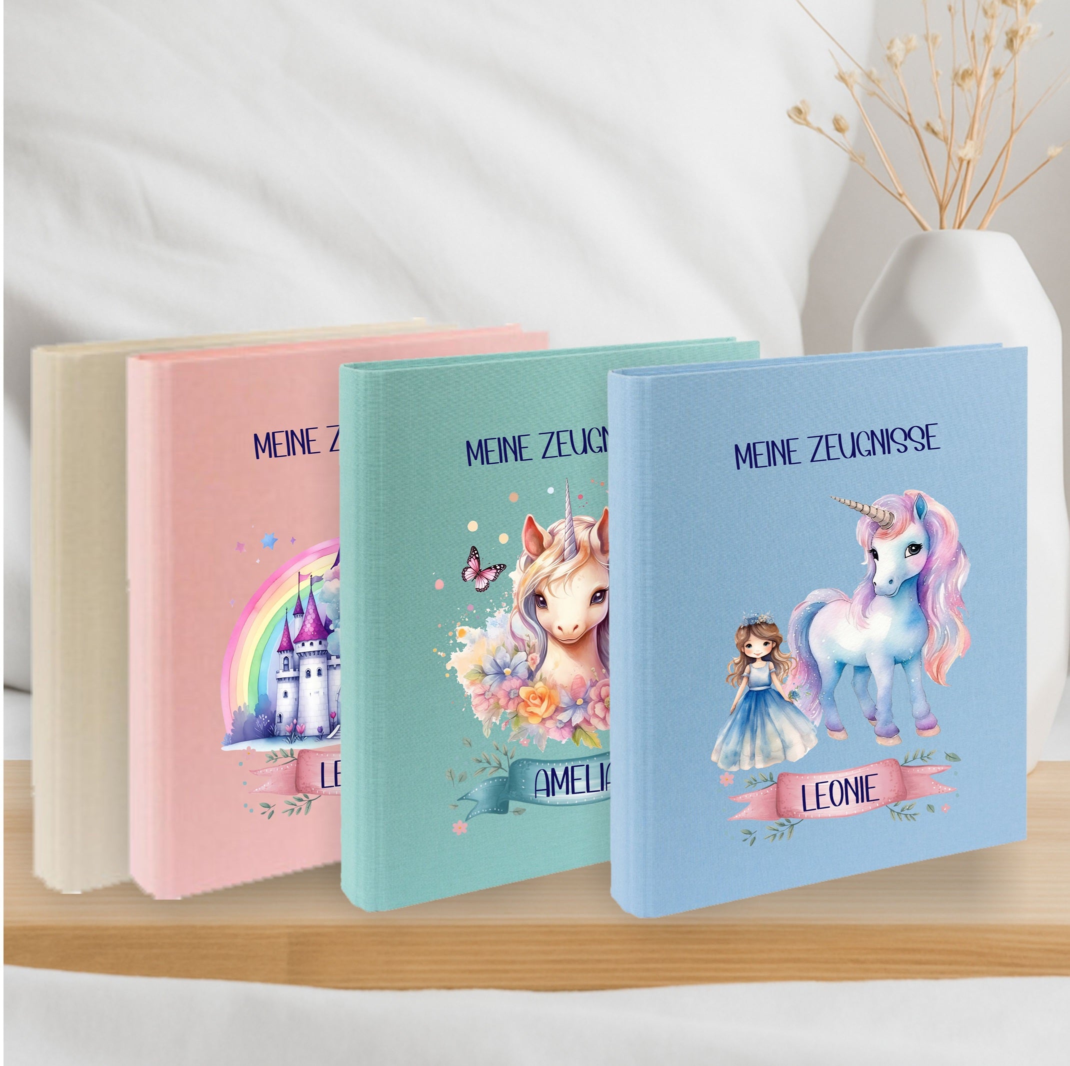 Zeugnismappe Einhorn personalisiert mit Namen – Einschulungsgeschenk Mädchen A4 Leinen