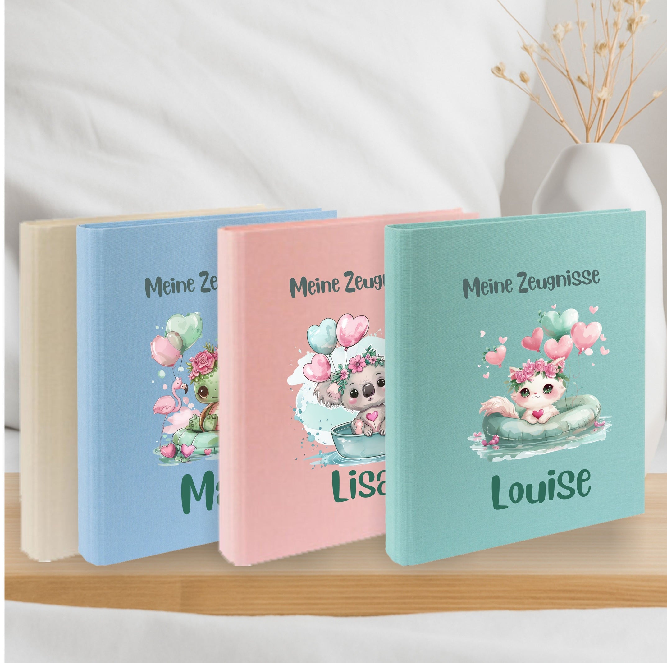 Zeugnismappe Grüne Tierchen personalisiert mit Namen – Einschulungsgeschenk Kinder A4 Leinen