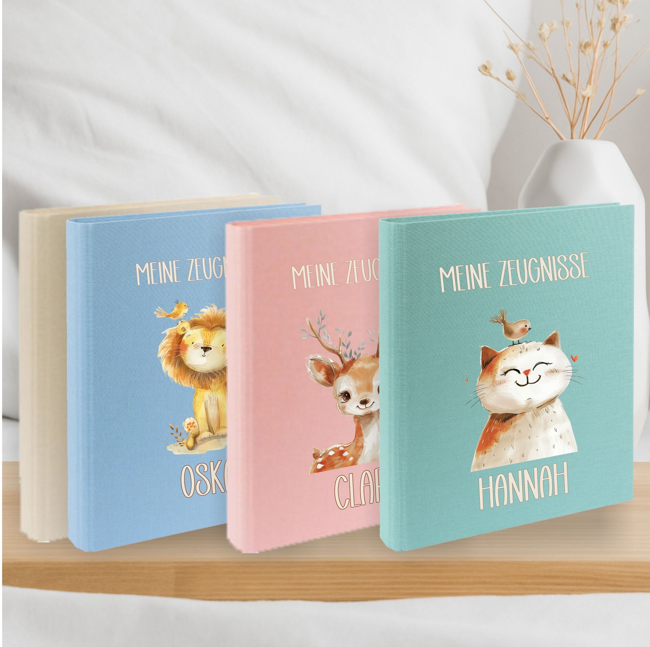 Zeugnismappe Tiere Beige personalisiert mit Namen – Einschulungsgeschenk Kinder A4 Leinen