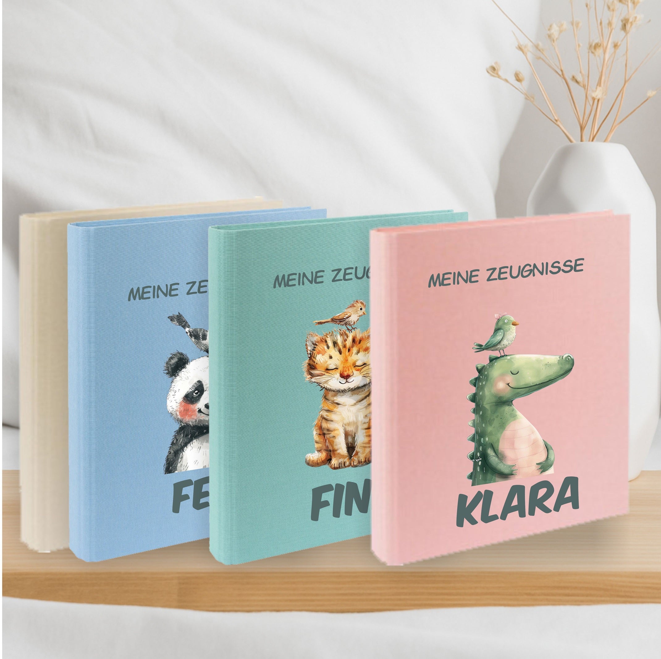 Zeugnismappe Tiere Bunt personalisiert mit Namen – Einschulungsgeschenk Kinder A4 Leinen