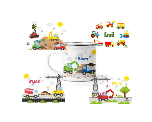 Emaille Tasse Baustelle mit Name - wolga-kreativ