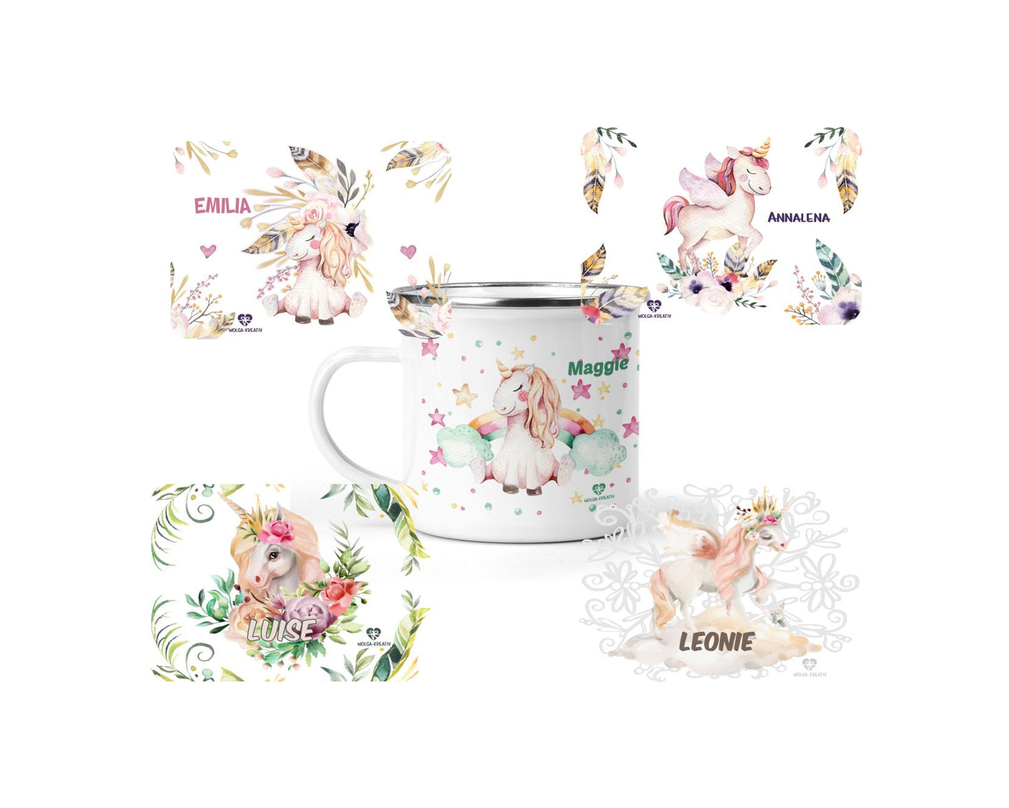 Emaille Tasse Einhorn mit Name - wolga-kreativ