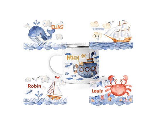 Emaille Tasse Maritim mit Name - wolga-kreativ