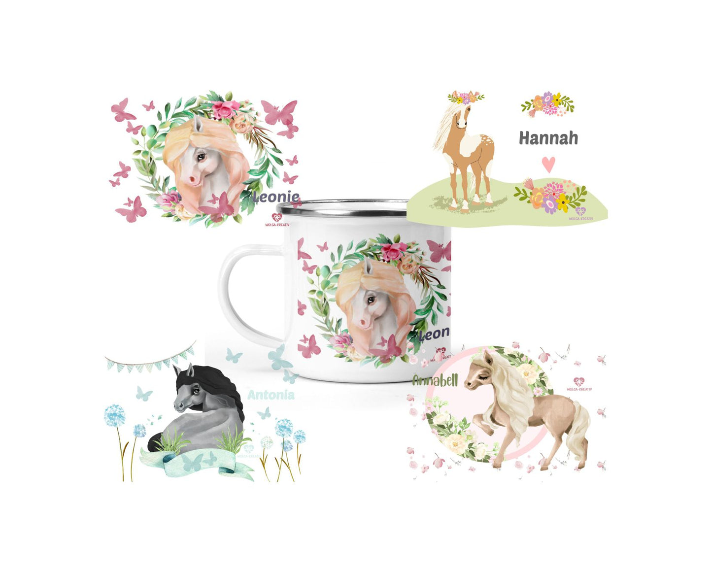 Emaille Tasse Pferde mit Name - wolga-kreativ