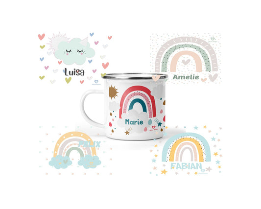 Emaille Tasse Regenbogen mit Name - wolga-kreativ