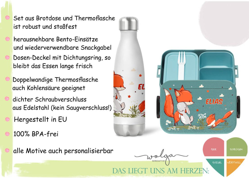 Set Bentobox und Thermoflasche Fuchs und Hase mit Namen - wolga-kreativ