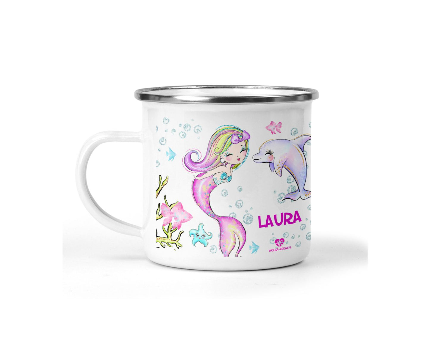 Emaille Tasse Meerjungfrau mit Name - wolga-kreativ