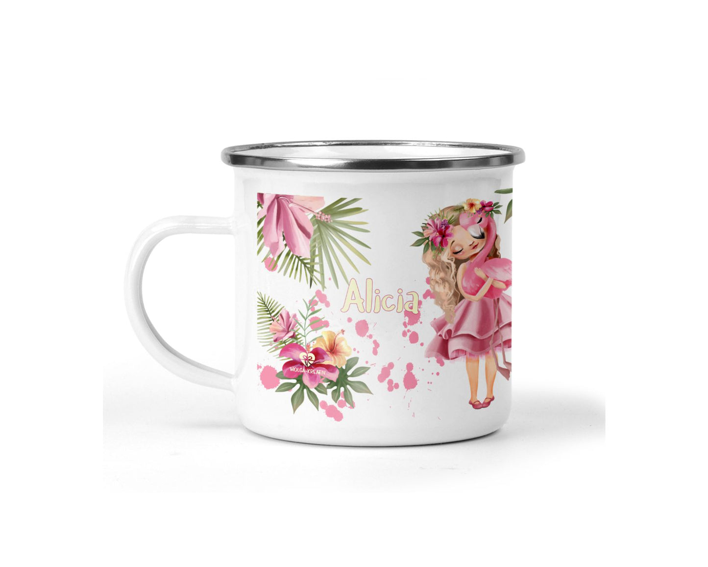 Emaille Tasse Flamingo mit Name - wolga-kreativ