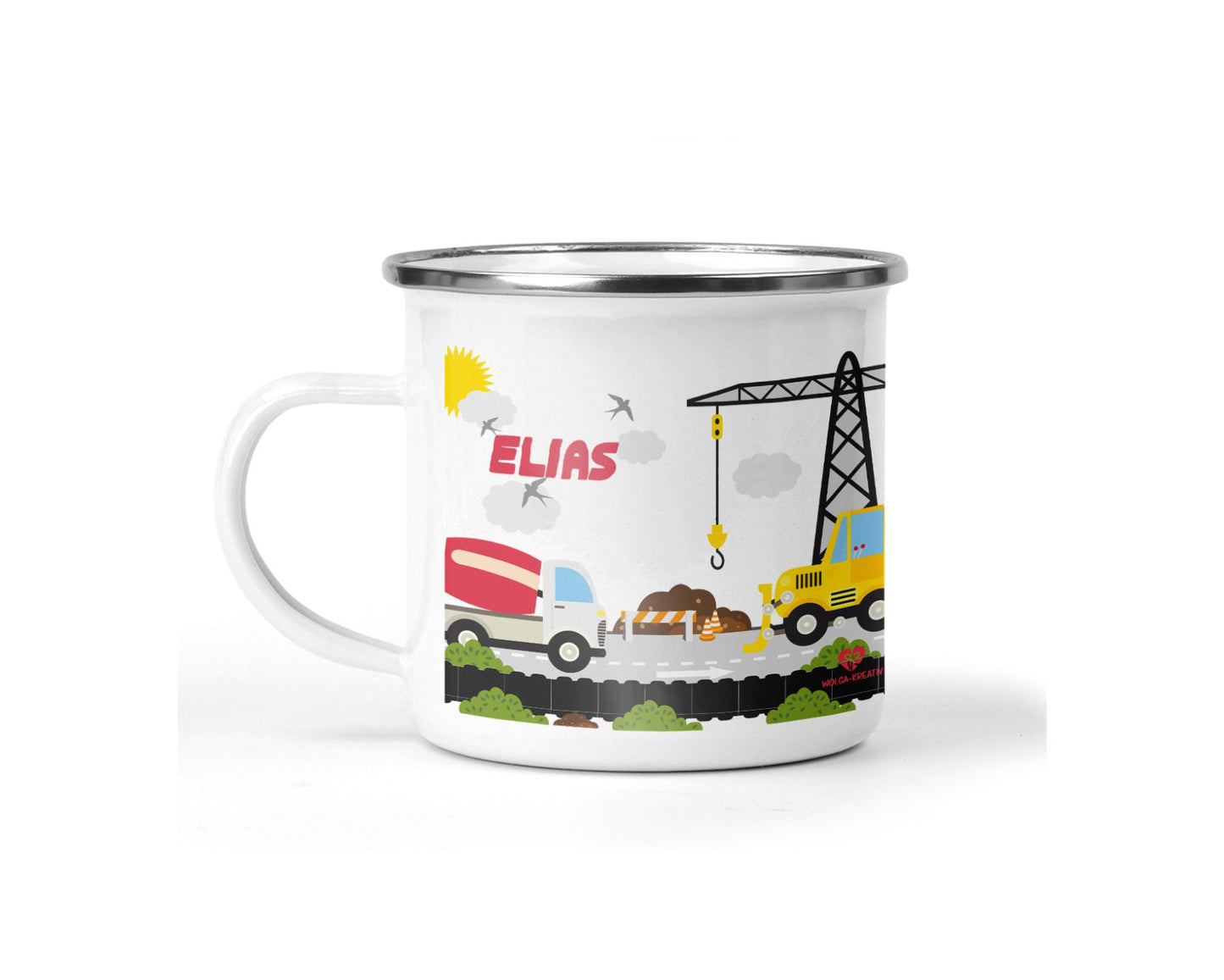 Emaille Tasse Baustelle mit Name - wolga-kreativ