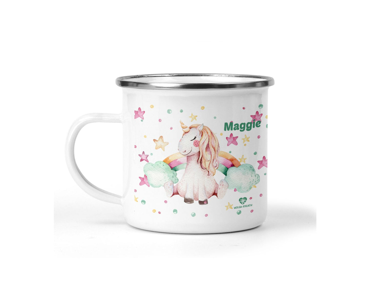 Emaille Tasse Einhorn mit Name - wolga-kreativ