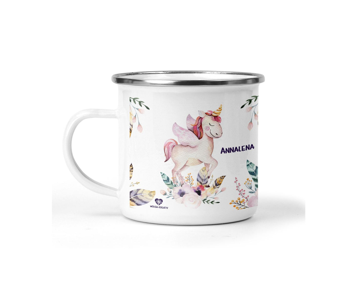 Emaille Tasse Einhorn mit Name - wolga-kreativ