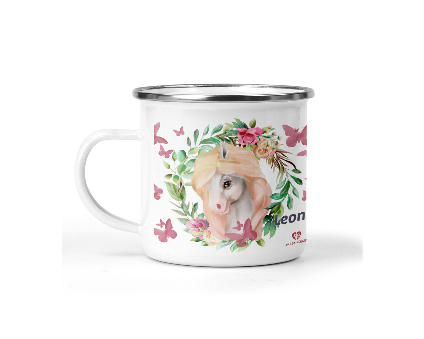 Emaille Tasse Pferde mit Name - wolga-kreativ