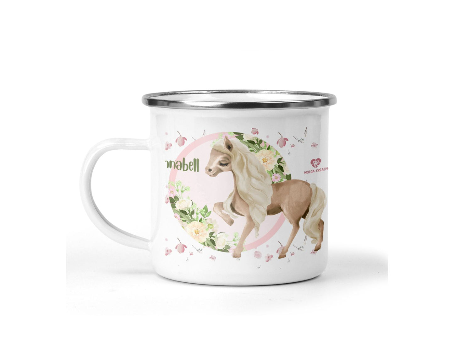 Emaille Tasse Pferde mit Name - wolga-kreativ