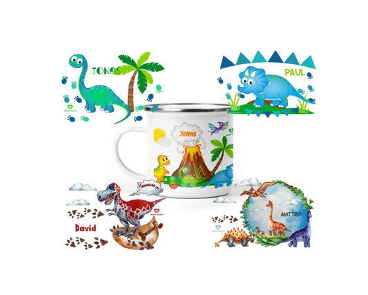 Emaille Tasse Dino mit Name - wolga-kreativ