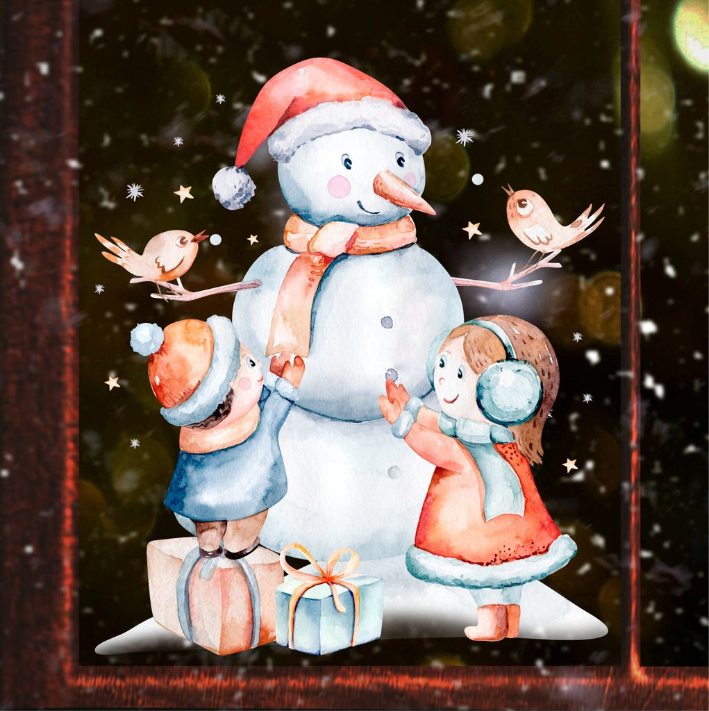 Fensterbild Weihnachtsdeko Kinder und Schneemann - wolga-kreativ