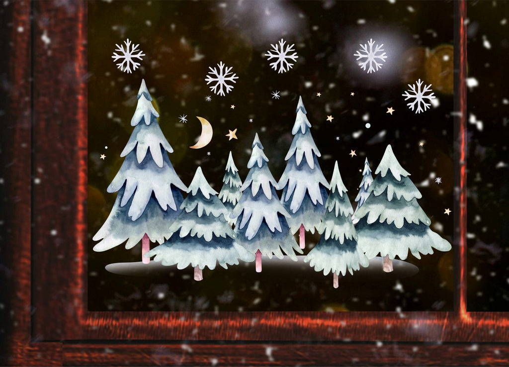 Fensterbild Fenstersticker Winterwald Futterkrippe Rehe Sterne  Weihnachtsfensterbild Winter Weihnachten wiederverwendbar für Kinder bf81 -  .de