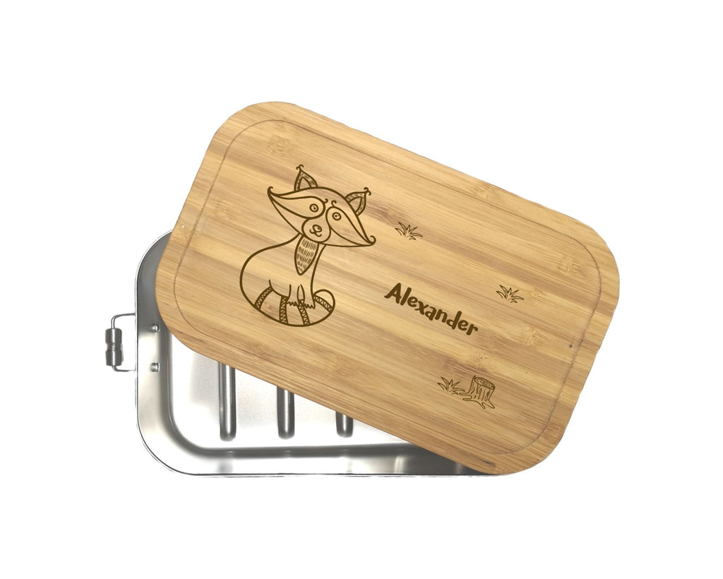 Brotdose Bambus Edelstahl Metall personalisiert gravur Waschbär wolga-kreativ